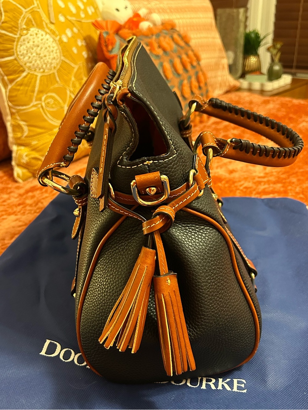 Dooney & Bourke Black Pebbled Leather Satchel with Brown Trim and Gold Hardware - Picture 4 of 16